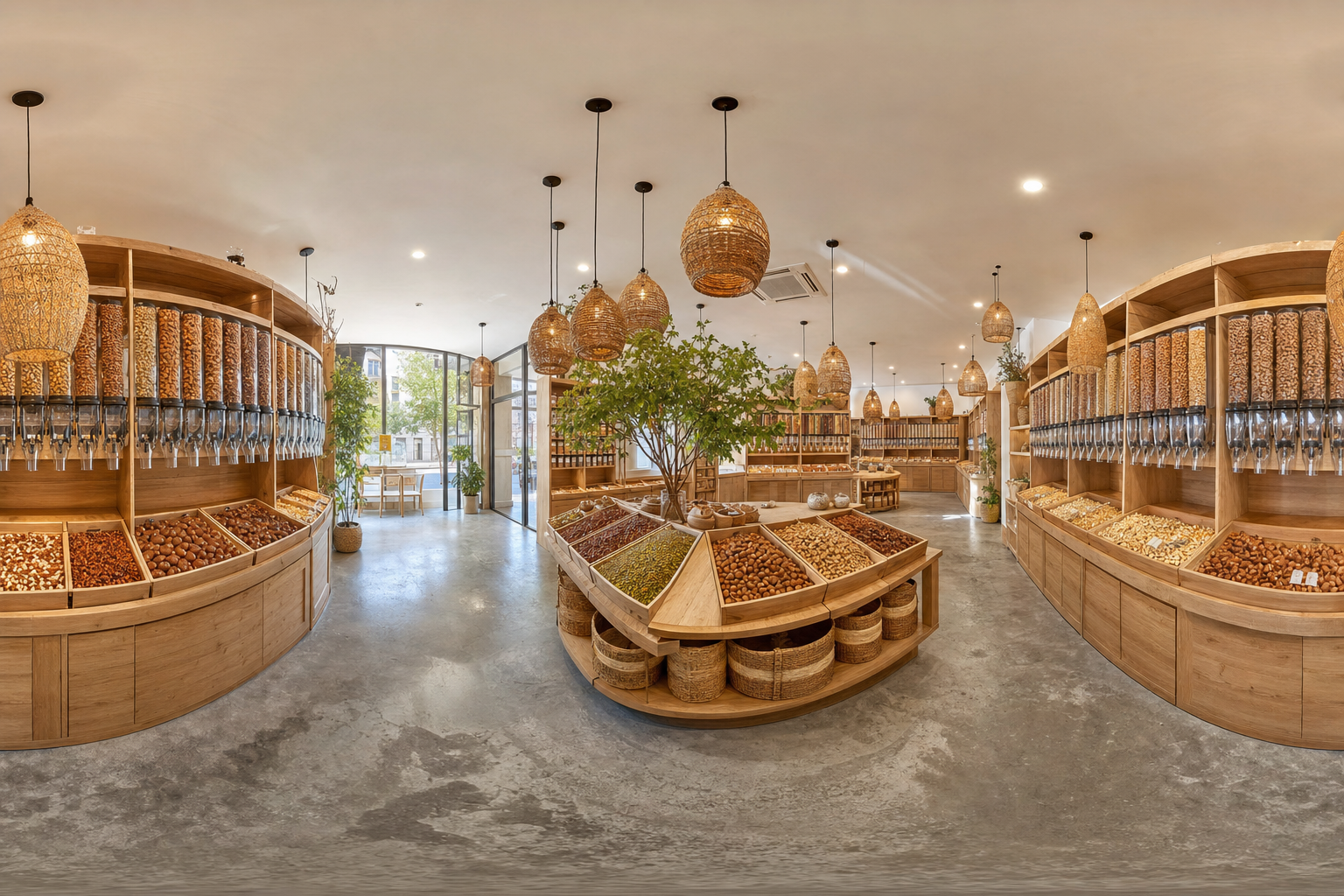 Ilustración generada de una vista panorámica de una tienda de frutos secos